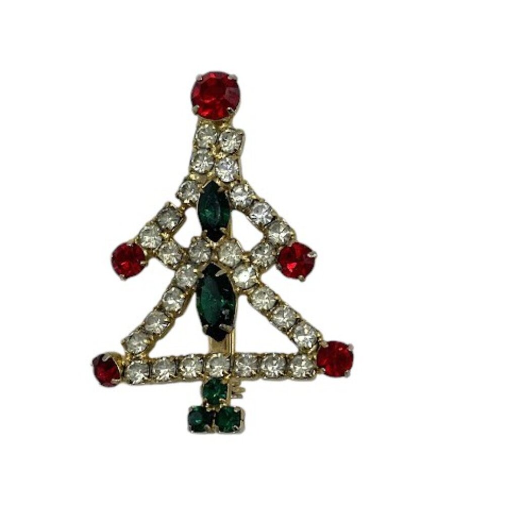 Vintage Christmas Tree Brooch Pin Open Work Prong-Set Colored & Clear Rhinestone - Picture 6 of 7